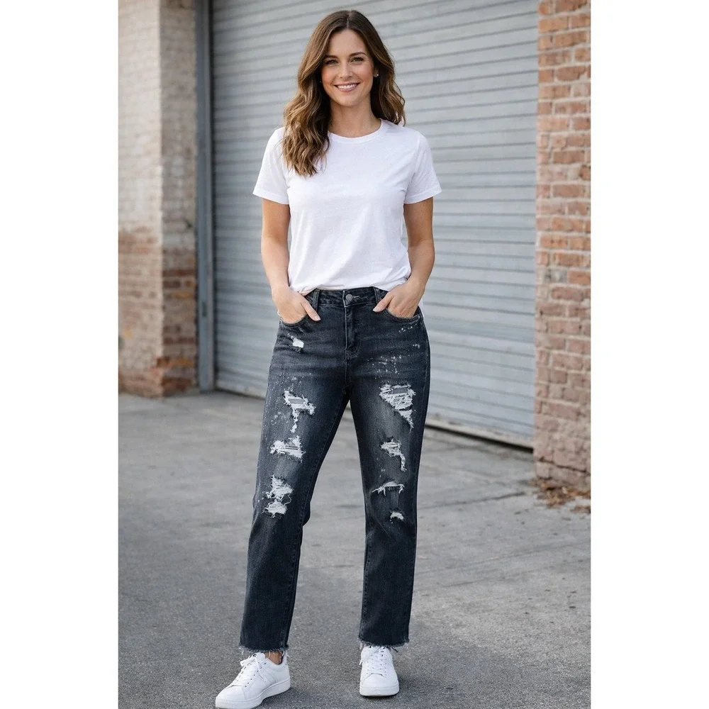 Judy Blue Boyfriend Fit Jeans Women 11/30 Faded Black‎ Denim Distressed Stretch